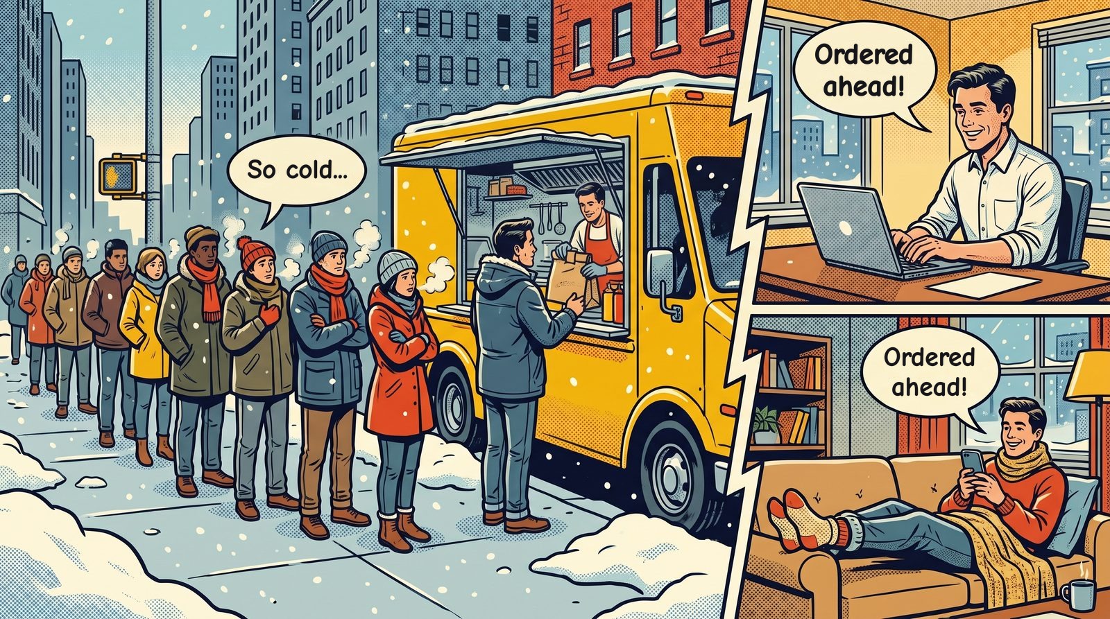 Skip the freezing line. No more waiting in the cold. Your regulars order from their desk or their couch, and walk up when it's ready.