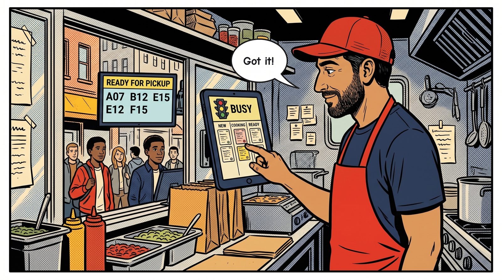 A calm kitchen in a rush. Orders beep onto the tablet with a pickup time. One tap tells customers how busy you are. A TV shows which numbers are ready.
