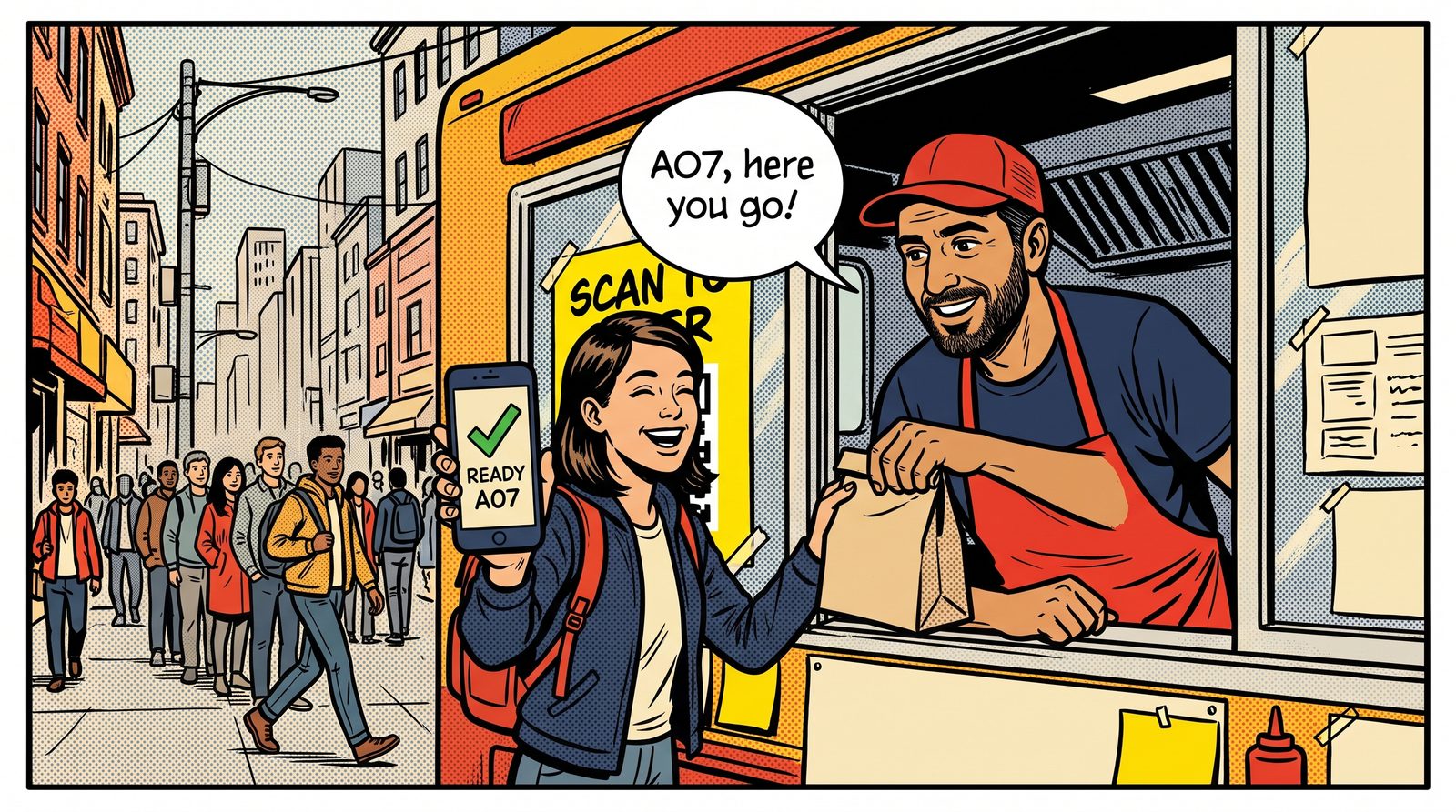 Order ahead, grab and go. Customers order ahead and watch it go from Received to Cooking to Ready. They walk up, show their number and grab their food.