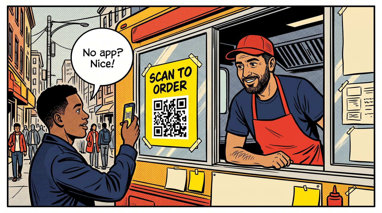 No app to download. Hang a QR poster at your window. Customers scan it once, bookmark your page, and come back again and again.